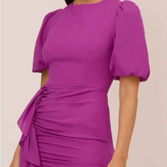 PUFF SHORT SLEEVE SHEATH DRESS WITH RUFFLE ACCENT IN WILD ORCHID - Picture 3 of 7